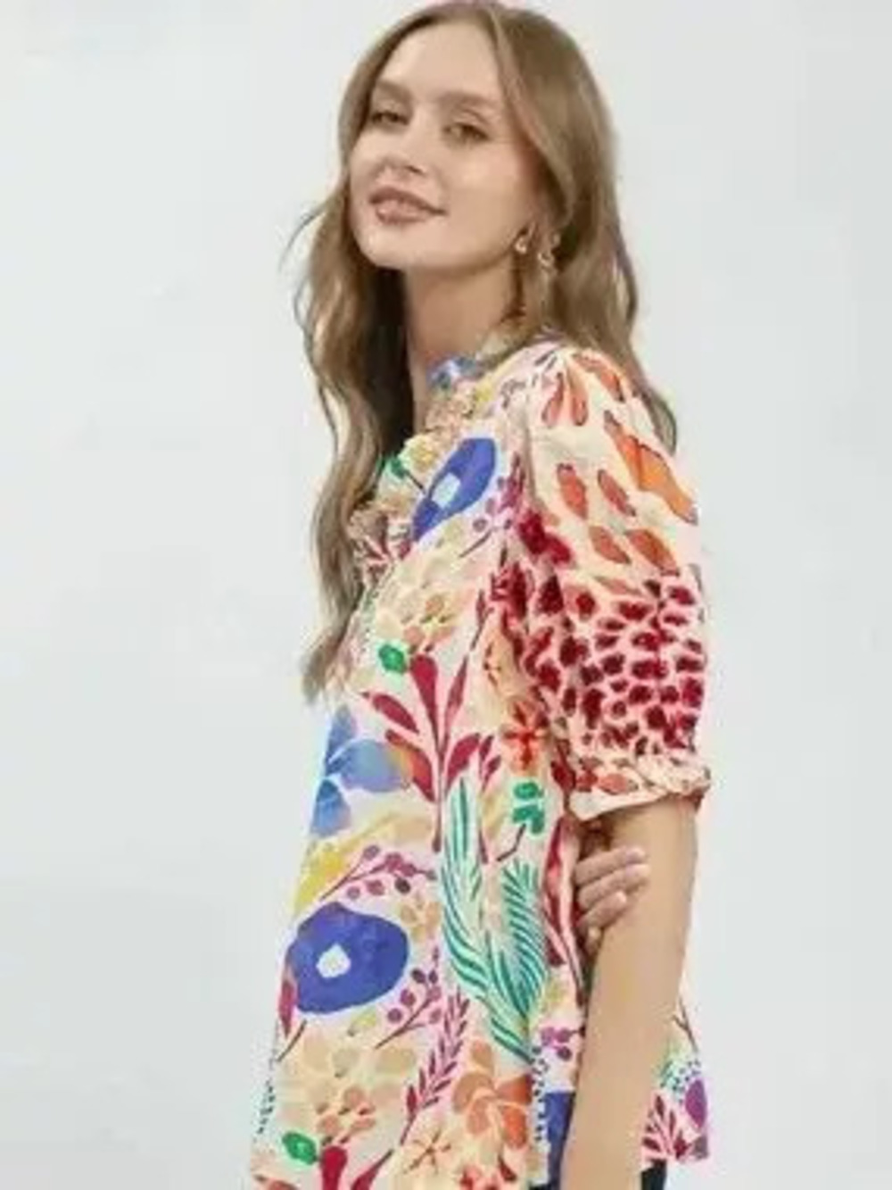 Umgee V-Neck Ruffle Trim Puff Sleeve Top - Picture 3 of 5